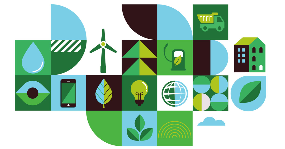 Mosaic of icons related to sustainability, the circular economy, and mobile device circularity.