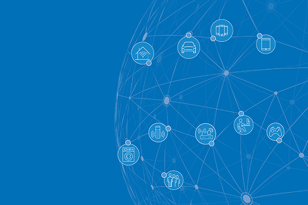 Connected Decade A semi globe shape with smaller circles with icons such as a phone, a car and other devices